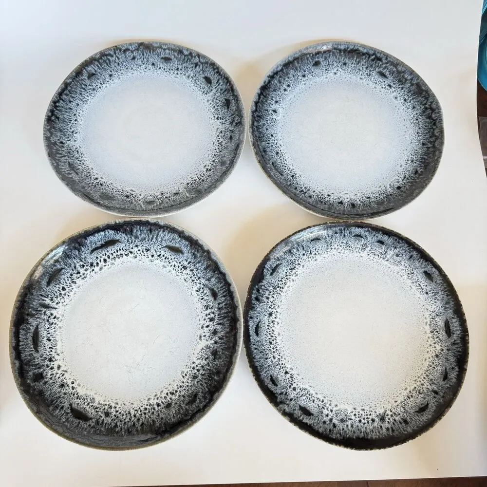 4 West Elm Reactive Glaze Blue Black White Brown Salad Bread Lunch Plates